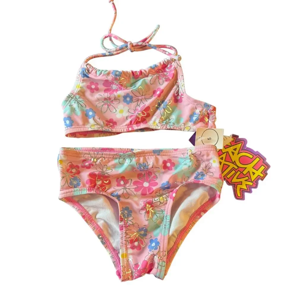 Beach Native Girls Pink Silver Floral Print Bikini Size 5